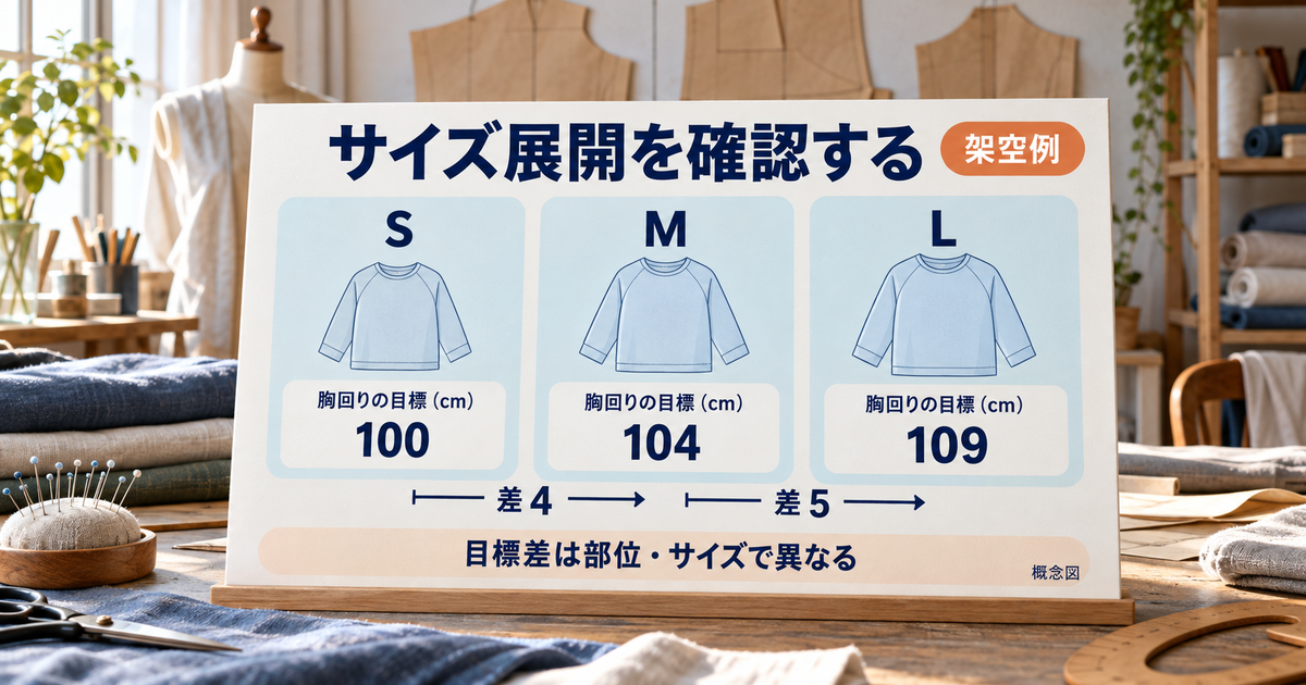 架空例としてS・M・Lの胸回り目標100・104・109cmと、サイズ間の差4cm・5cmを示した概念図。