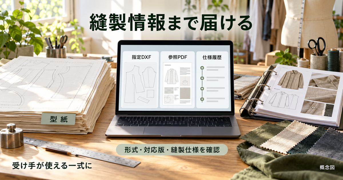 型紙、指定DXF、参照PDF、仕様履歴をそろえ、形式・対応版・縫製仕様を確認して届ける概念図。
