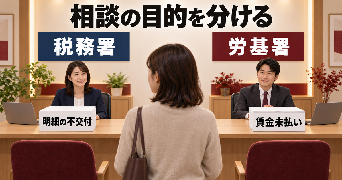 給与明細の不交付は税務署、賃金未払いは労基署という相談の目的を分けた図