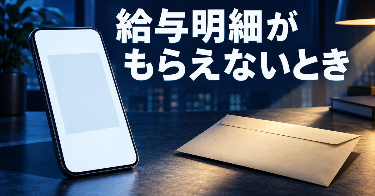 電子画面と紙の封筒を並べ、給与明細の受け取り方法を確認する図
