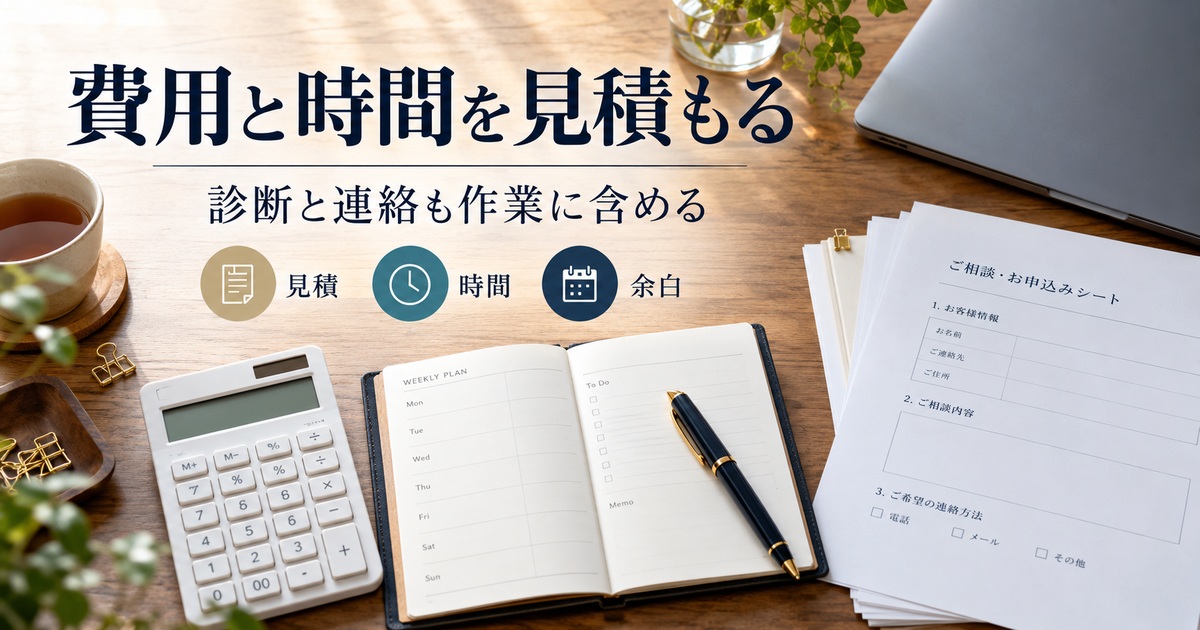 見積・時間・余白を確認し、診断と連絡も作業に含める。