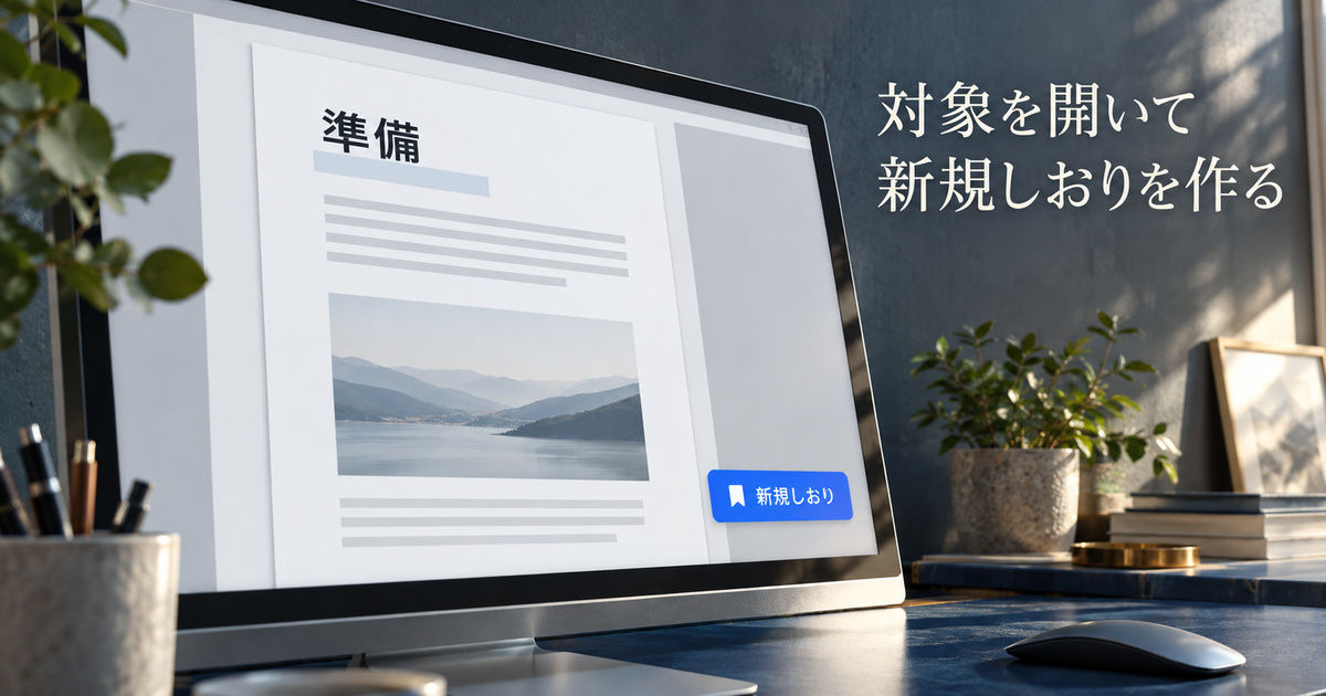 対象の内容を開いて新規しおりを作る操作を示す架空の画面イメージ