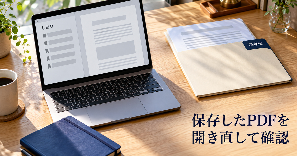 保存版のPDFを開き直してしおりを点検する架空の確認場面