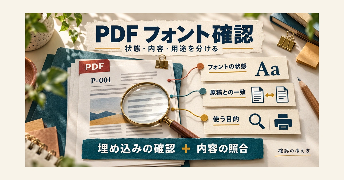 PDFのフォント状態、原稿との一致、使う目的を別々のメモで確認する図