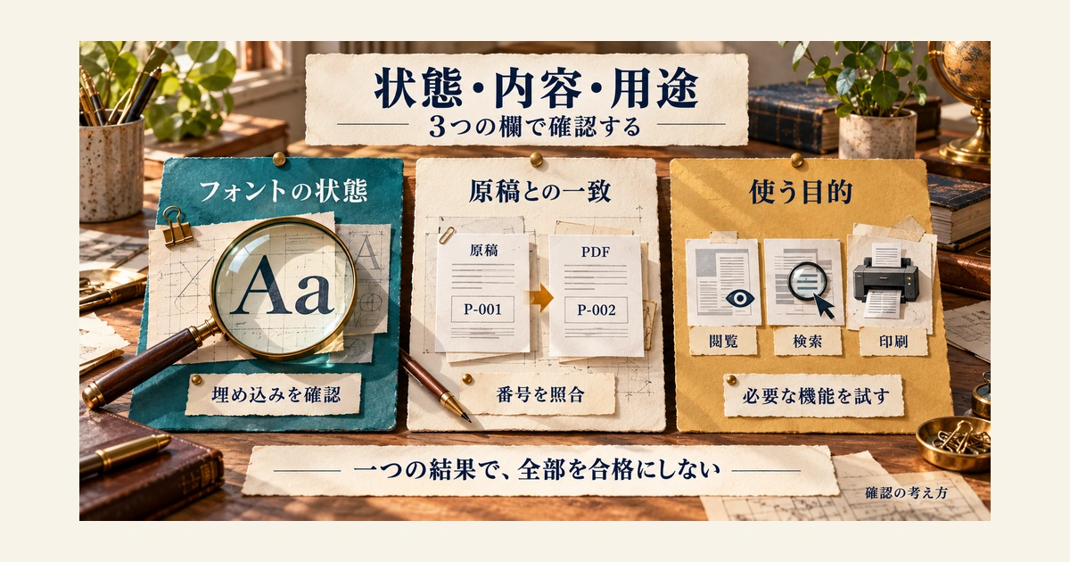 フォント状態、原稿P-001とPDFのP-002の照合、閲覧・検索・印刷の用途を分ける三つの枠