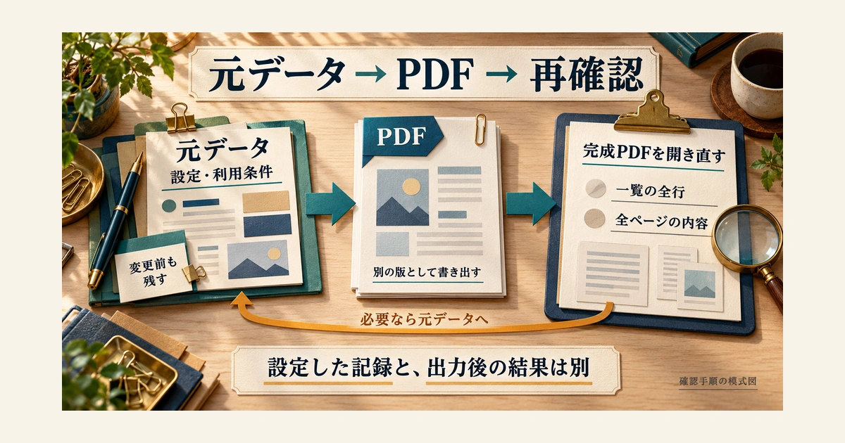元データの設定後にPDFを書き出し、完成ファイルを開き直す流れ