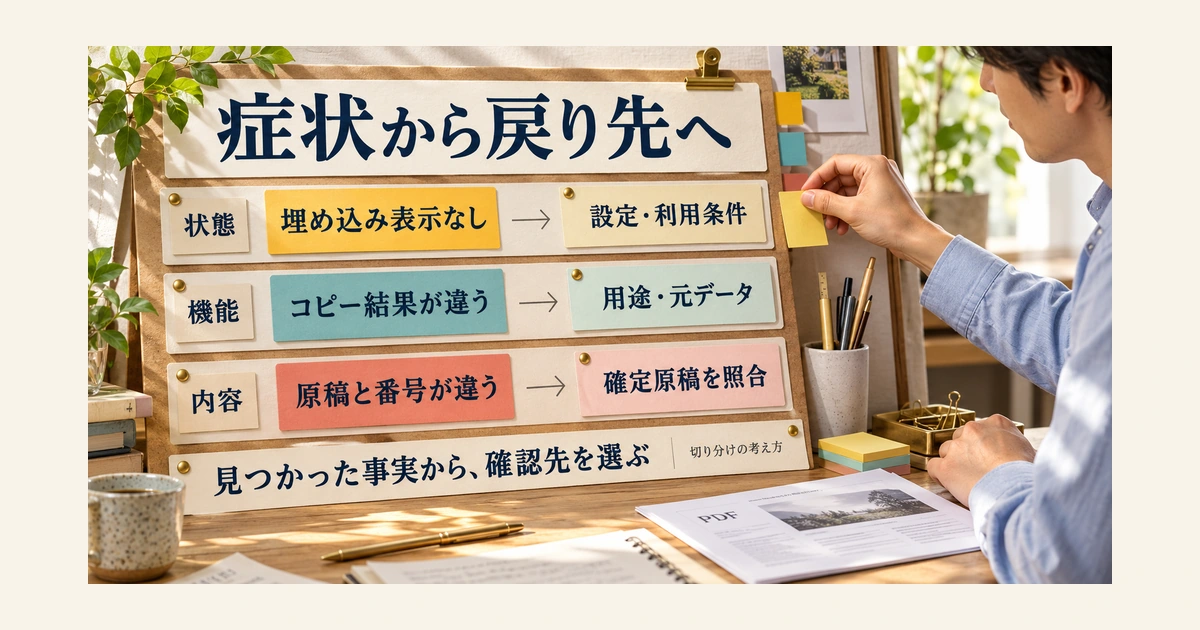 未埋め込み、コピー結果の違い、原稿の違いに応じて確認先を分ける判断図