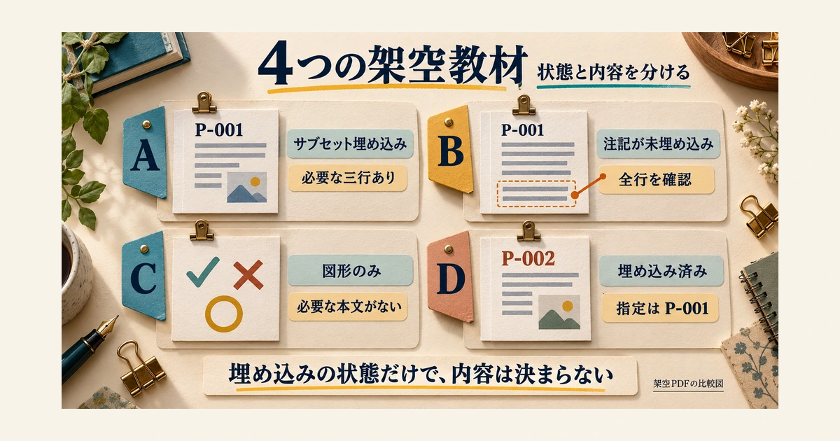 サブセット埋め込みのA、注記が未埋め込みのB、図形だけのC、資料コードがP-002のDを比べる図