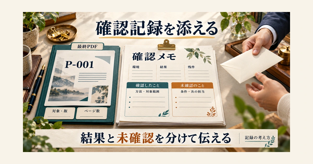 最終PDFに環境・結果・残件と、確認したこと・未確認のことを記すメモを添える図