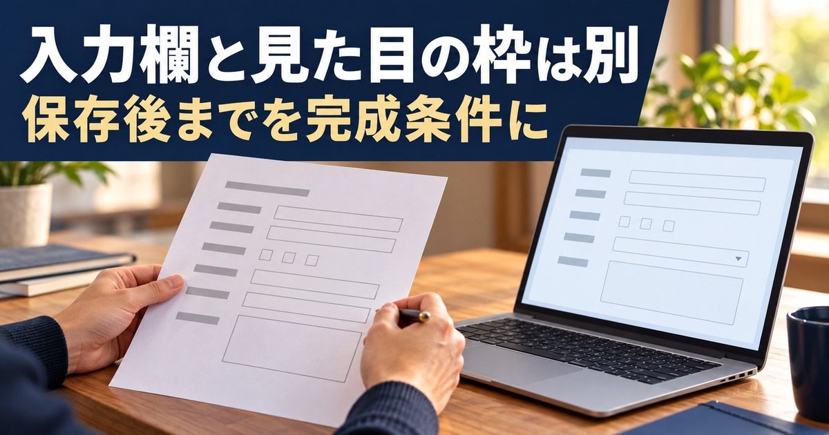 紙の枠とPCの入力欄を照合する写真調の概念イメージ。「入力欄と見た目の枠は別/保存後までを完成条件に」の説明文字付き