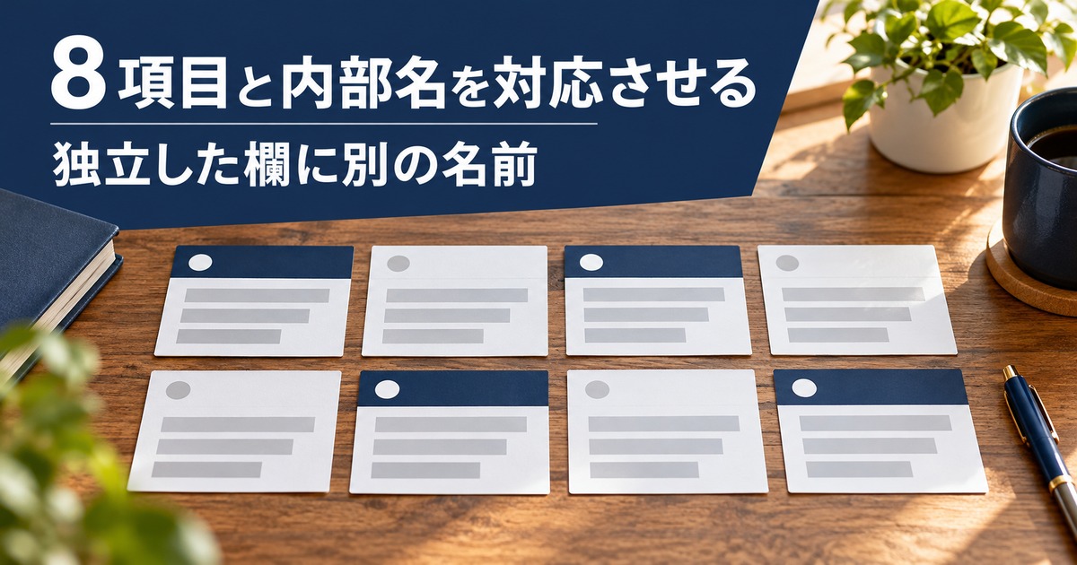 八項目を八枚のカードで整理する写真調の概念イメージ。「8項目と内部名を対応させる/独立した欄に別の名前」の説明文字付き