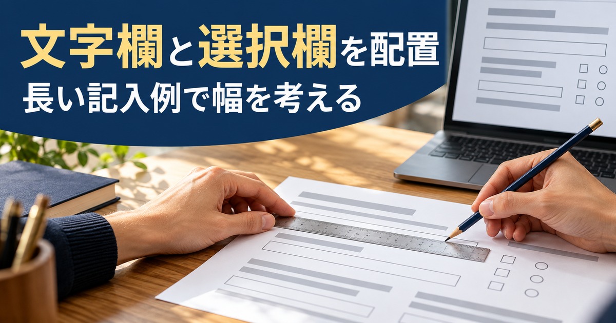 記入欄の長さを点検する写真調の概念イメージ。「文字欄と選択欄を配置/長い記入例で幅を考える」の説明文字付き