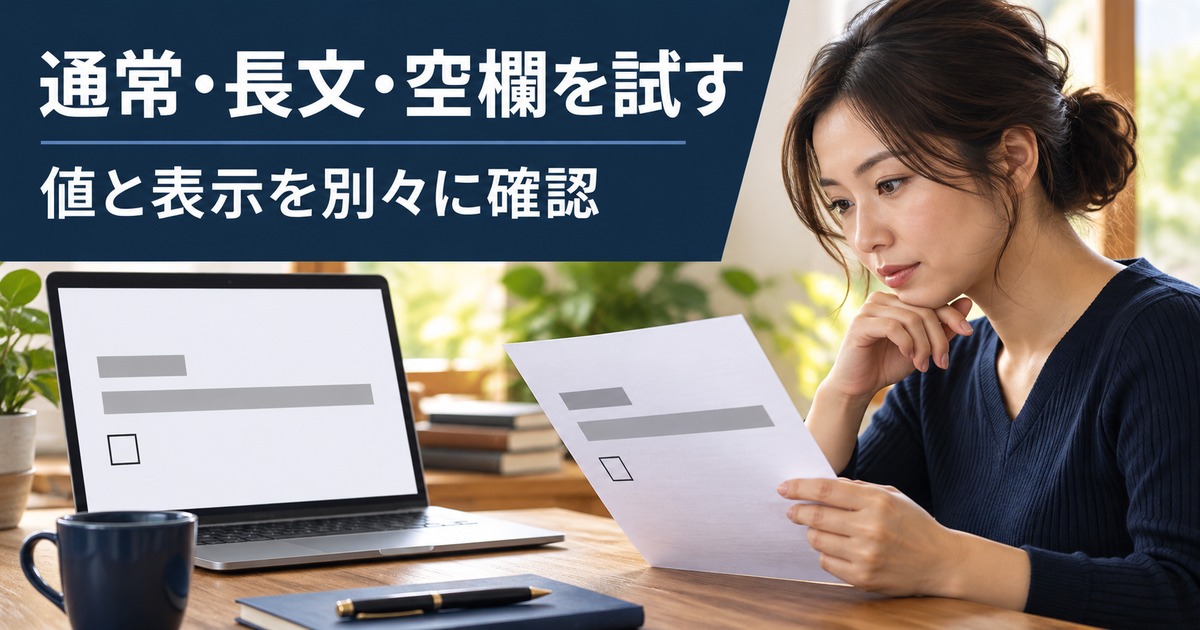 短文と長文の見え方を比較する写真調の概念イメージ。「通常・長文・空欄を試す/値と表示を別々に確認」の説明文字付き