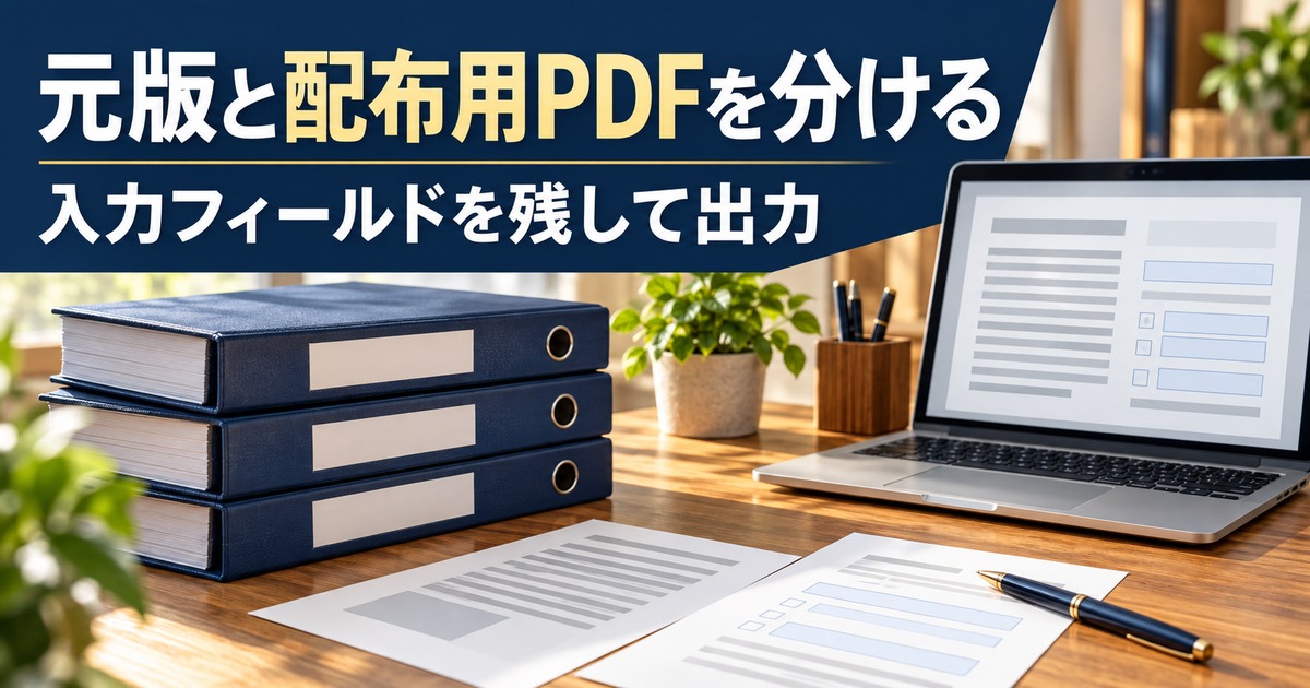 元版と配布用ファイルを分ける写真調の概念イメージ。「元版と配布用PDFを分ける/入力フィールドを残して出力」の説明文字付き