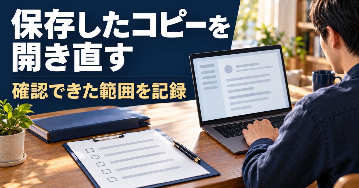 保存コピーを開き直して確認する写真調の概念イメージ。「保存したコピーを開き直す/確認できた範囲を記録」の説明文字付き