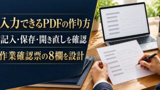 紙面とPDFの入力欄を比較する写真調の概念イメージ。「入力できるPDFの作り方／記入・保存・開き直しを確認／作業確認票の8欄を設計」の説明文字付き