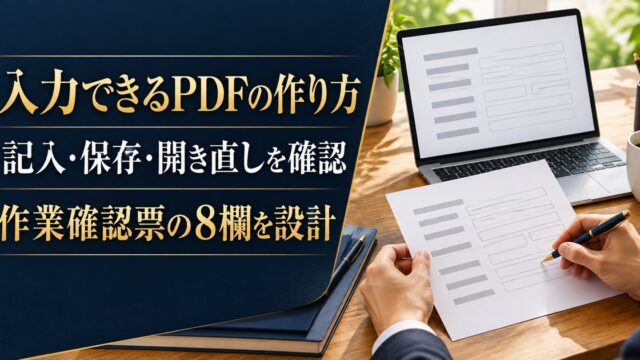 紙面とPDFの入力欄を比較する写真調の概念イメージ。「入力できるPDFの作り方／記入・保存・開き直しを確認／作業確認票の8欄を設計」の説明文字付き