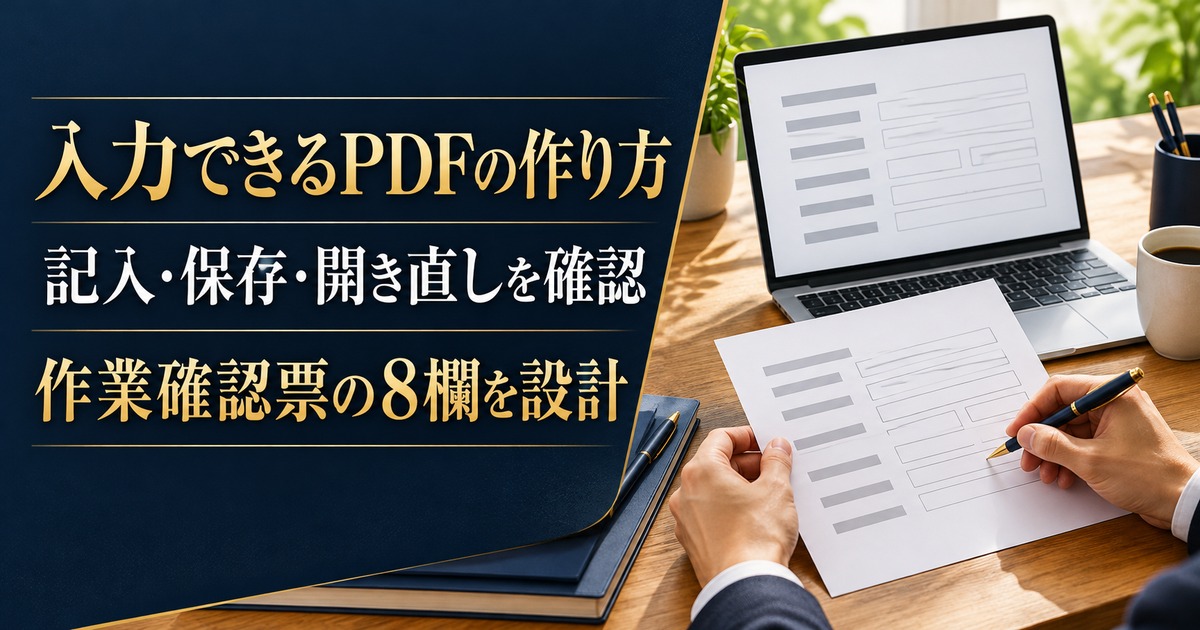 紙面とPDFの入力欄を比較する写真調の概念イメージ。「入力できるPDFの作り方／記入・保存・開き直しを確認／作業確認票の8欄を設計」の説明文字付き