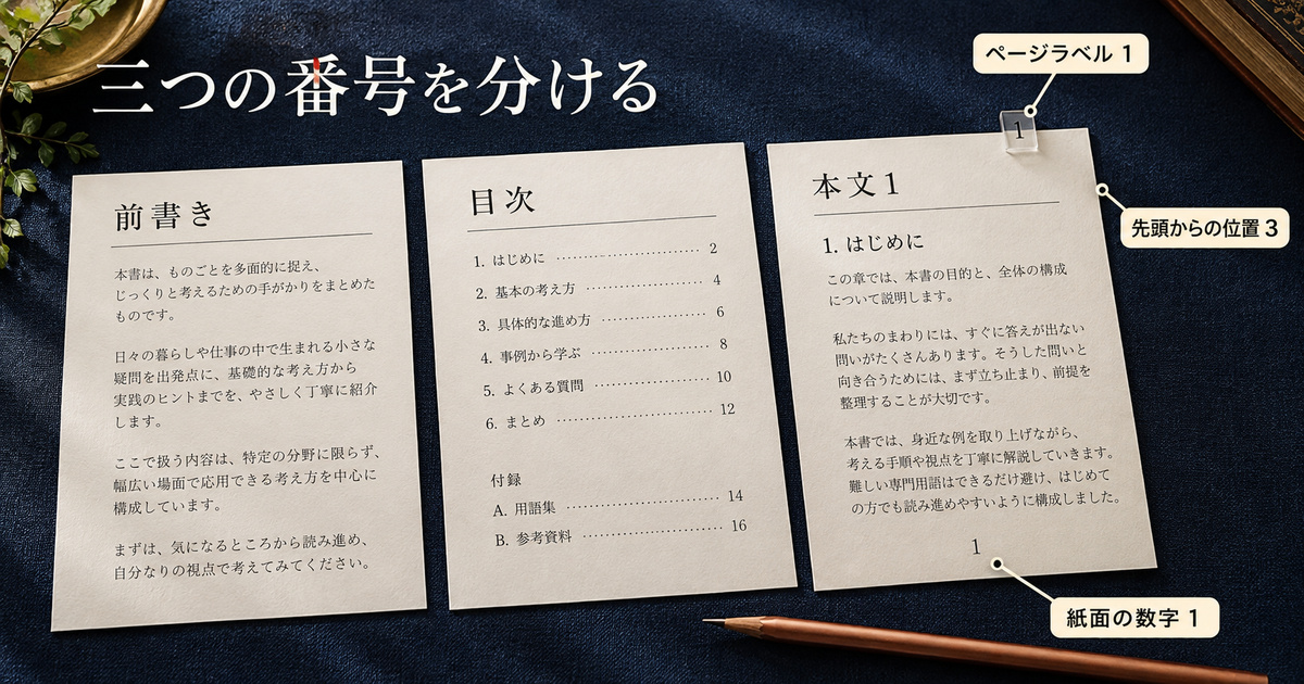 紙面の数字1、ページラベル1、先頭からの位置3を別層で示す架空の立体教材