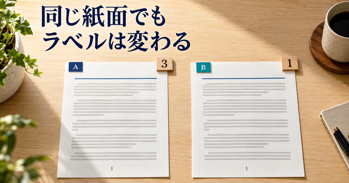 同じ本文の二枚を並べ、Aの読取値3とBの設定ラベル1を比べる架空の教材写真