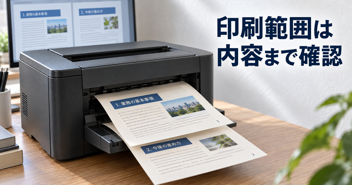 本文の見出しと出力範囲を照らすプリンターと紙面の架空の場面