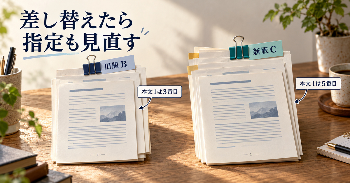 前付けの追加で本文1の位置が3番目から5番目になる架空の改訂比較