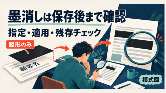 PDFの墨消しで範囲指定から適用後の残存確認までを示す模式図