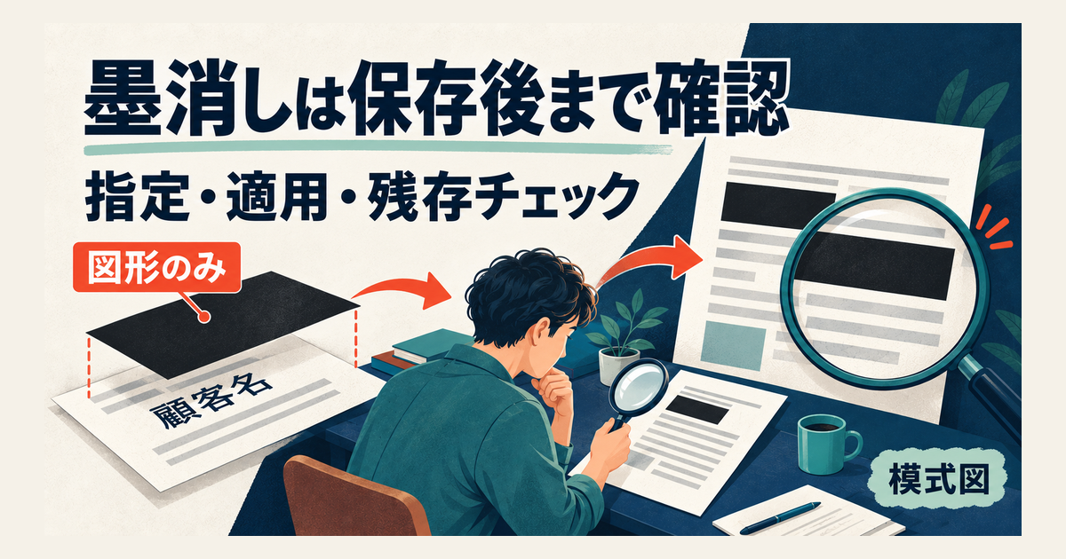 PDFの墨消しで範囲指定から適用後の残存確認までを示す模式図