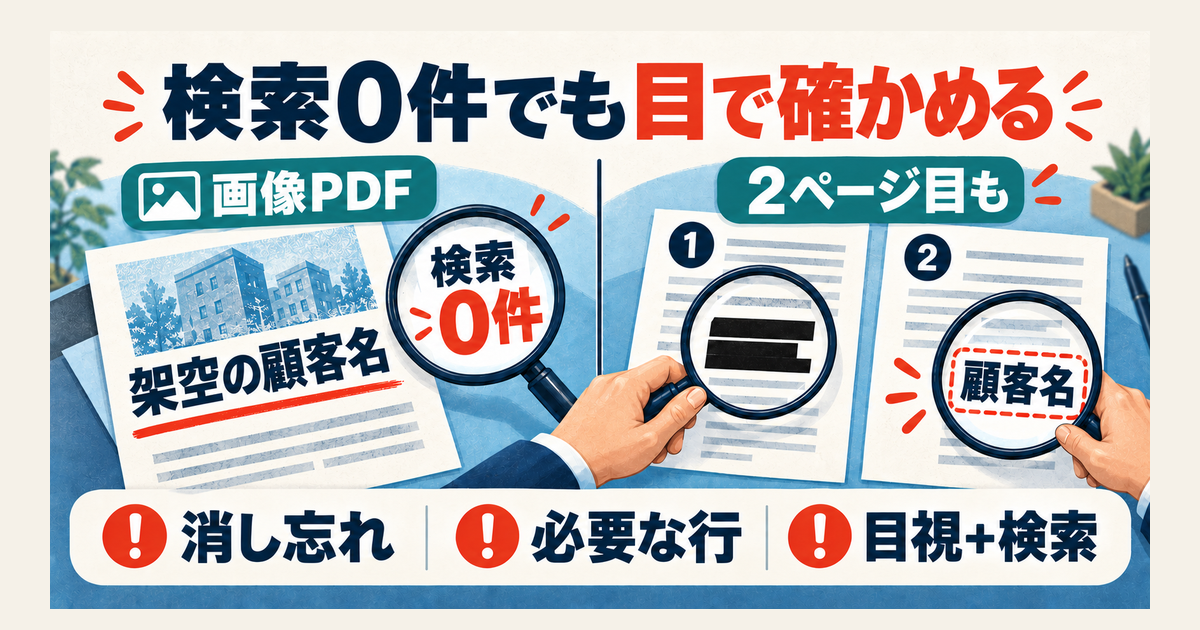 画像PDFは検索0件でも文字が読めるため、全ページの目視確認を加える図