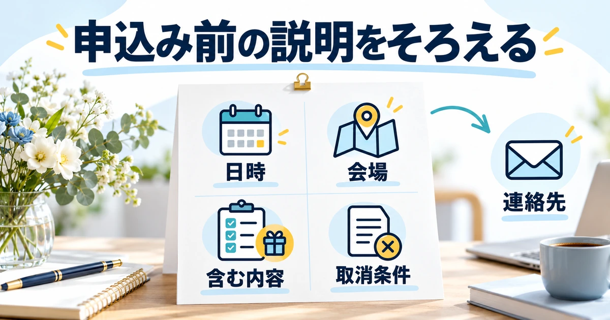 参加前に示す日時、会場、含む内容、取消条件と連絡先の点検図