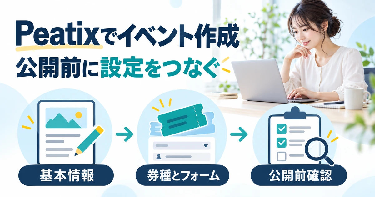 Peatixの基本情報、券種とフォーム、公開前確認をつなぐイベント作成のイメージ