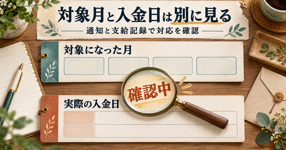 給付の対象月と実際の入金日を別の欄に分け、通知で対応を確認する図
