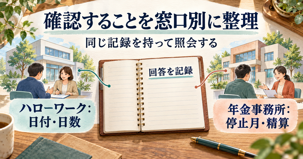 ハローワークでは日付と給付日数、年金事務所では停止月と精算を確認する役割分担図