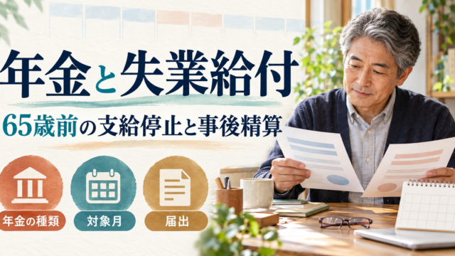 年金の種類、調整対象月、届出を確認しながら失業給付の資料を整理するイメージ