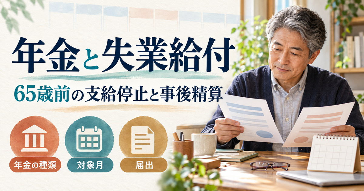年金の種類、調整対象月、届出を確認しながら失業給付の資料を整理するイメージ