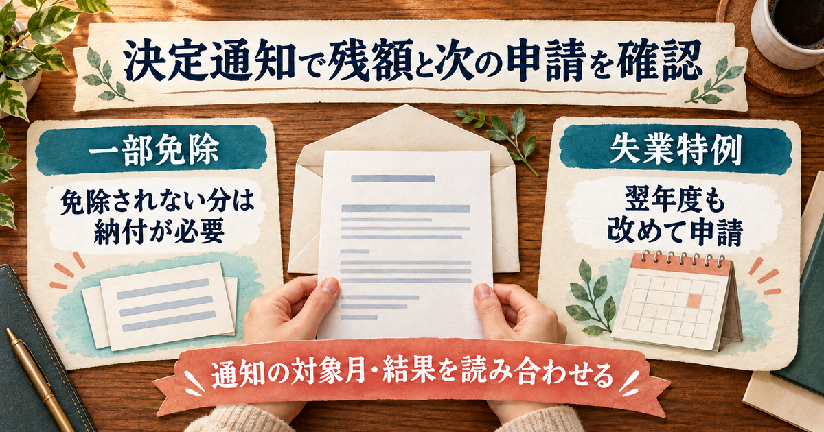 決定通知の対象月と結果を読み、一部免除の残額納付と失業特例の翌年度申請を確認する図