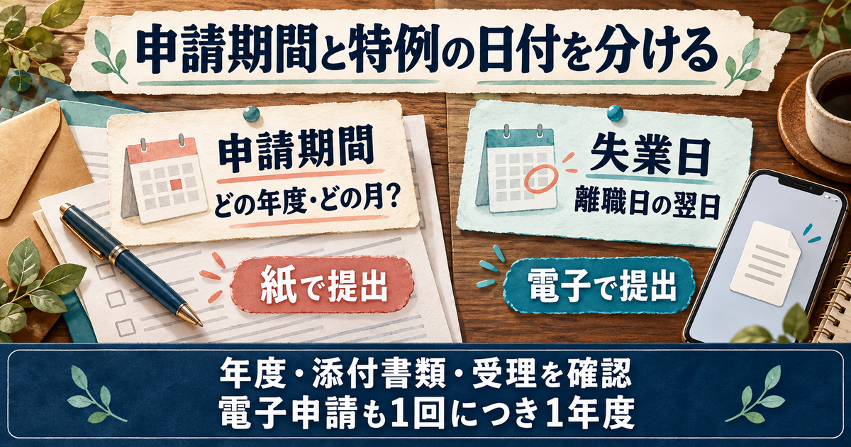 申請期間と離職日の翌日である失業日を分け、紙または1回1年度の電子申請で提出する図
