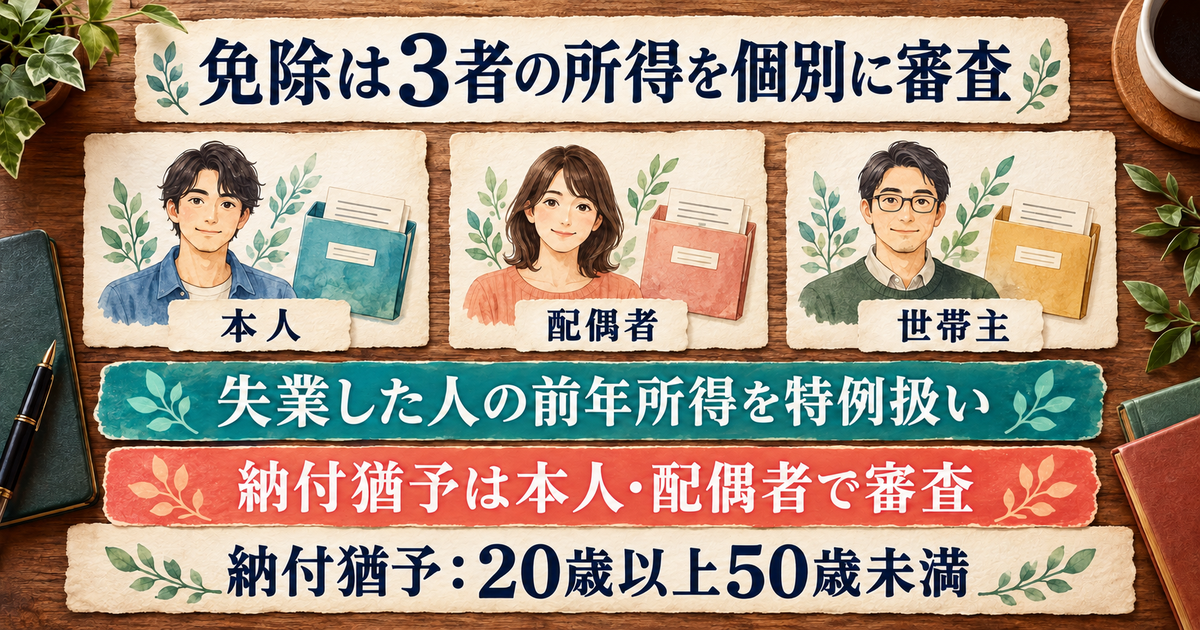 免除は本人・配偶者・世帯主を個別に審査し、納付猶予は20歳以上50歳未満の本人と配偶者を審査する図