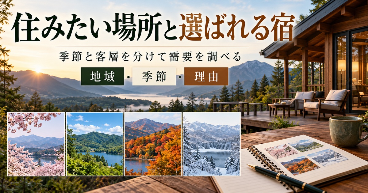 住みたい場所と選ばれる宿を分け、地域と季節の需要を調べる。