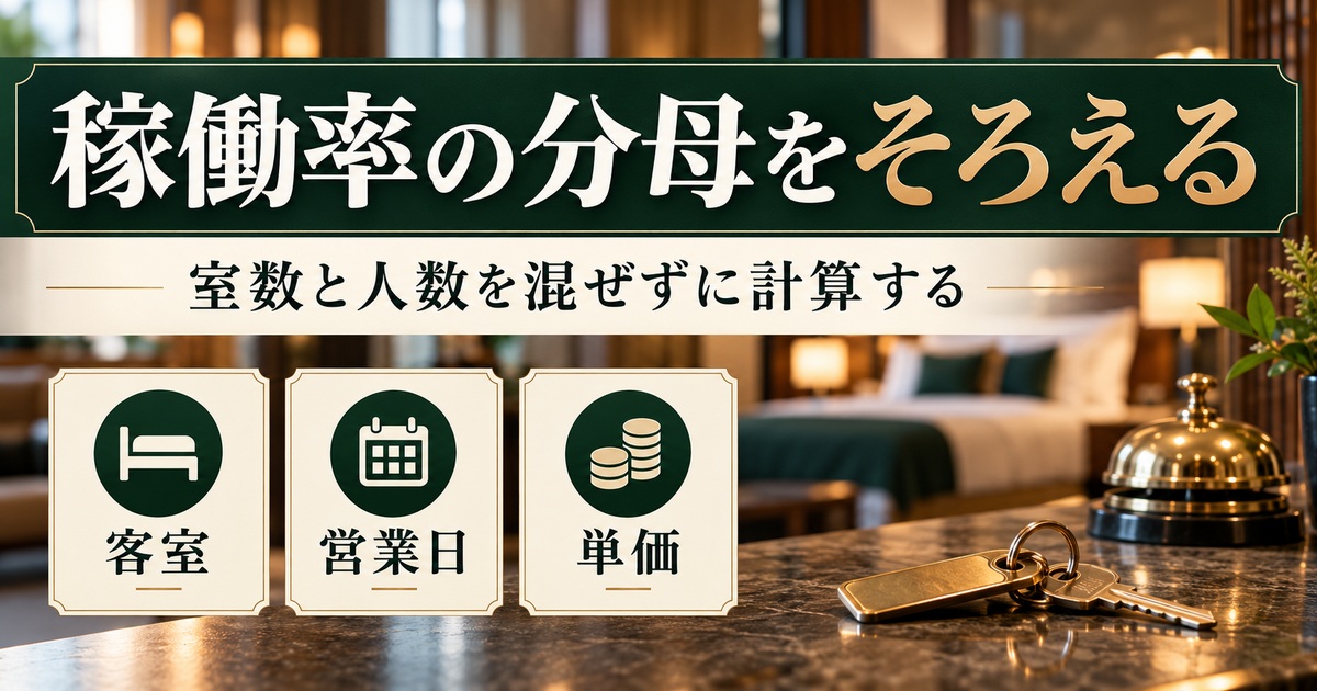客室と営業日と単価の単位をそろえ、稼働率を計算する。