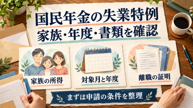 国民年金の失業特例で確認する家族の所得、対象月と年度、離職の証明を整理した図