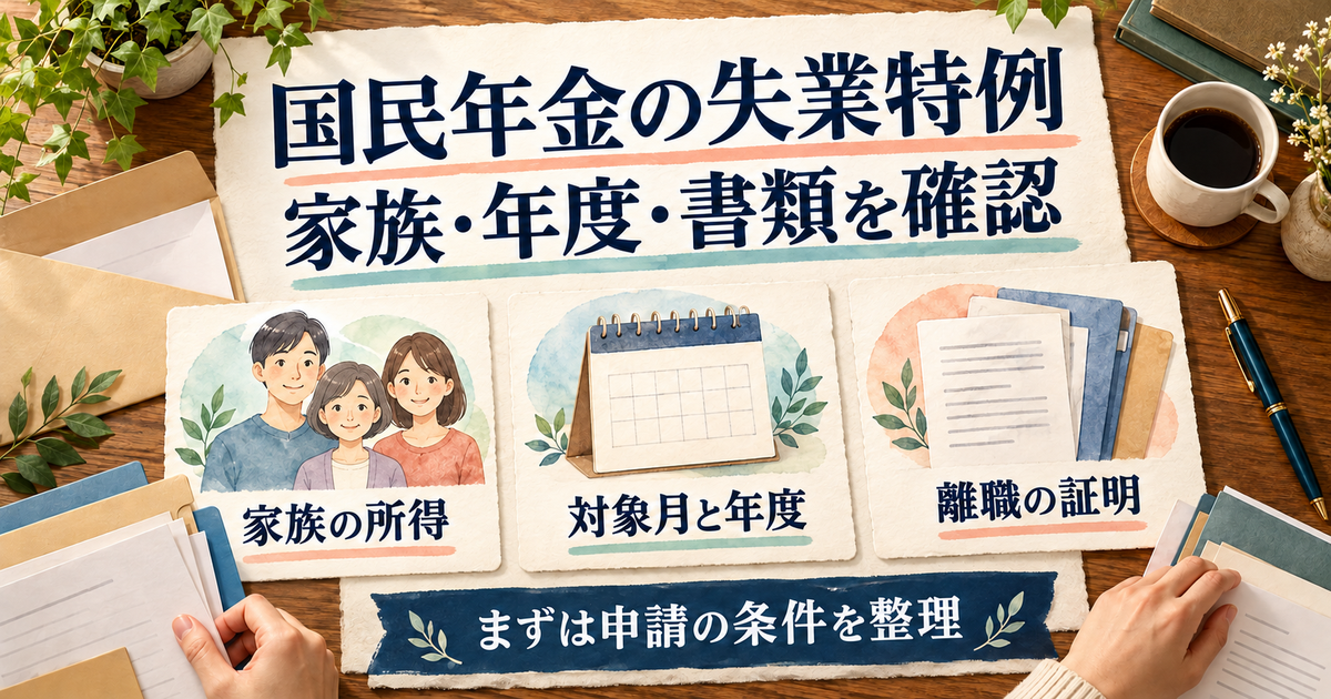 国民年金の失業特例で確認する家族の所得、対象月と年度、離職の証明を整理した図