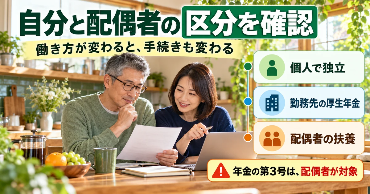 自分と配偶者の区分を確認:働き方が変わると、手続きも変わるを示す説明用生成画像