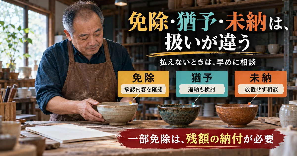 免除・猶予・未納は、扱いが違う:払えないときは、早めに相談を示す説明用生成画像