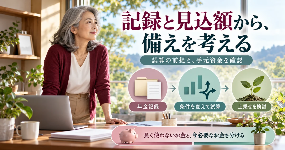 記録と見込額から、備えを考える:試算の前提と、手元資金を確認を示す説明用生成画像