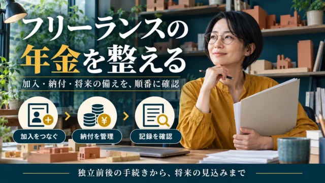 フリーランスの年金を整える：加入・納付・将来の備えを、順番に確認を示す説明用生成画像