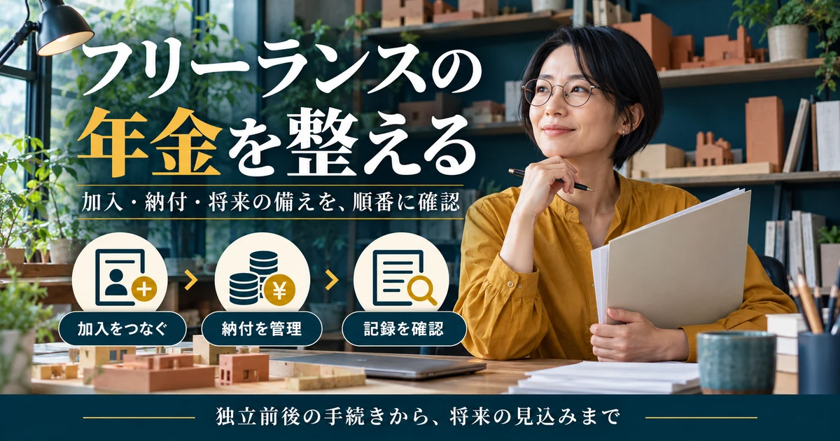 フリーランスの年金を整える：加入・納付・将来の備えを、順番に確認を示す説明用生成画像