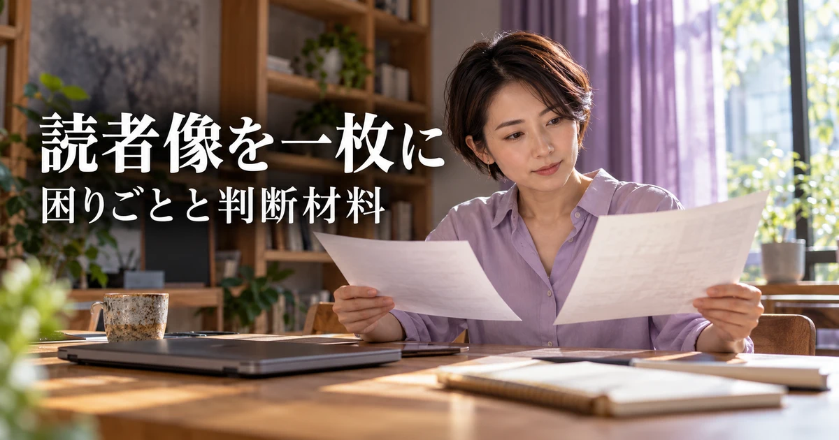 読者像を一枚に(困りごとと判断材料)の説明用生成画像