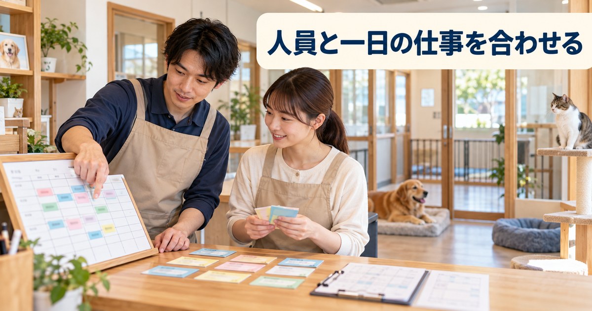 勤務予定と施設内の仕事を二人で照合するペットホテル準備の写真調イメージ