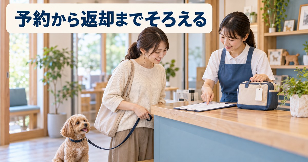 飼い主と担当者が受付票と持参物を確認する架空の写真調イメージ